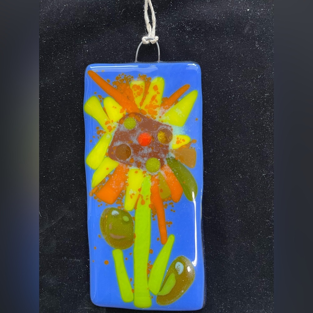 “Sunflower”Fused Art Glass  Hanging Plaque  7”x3” Periwinkle Blue